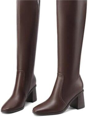 Women's Brown Knee High Boots Chunky Heel Square Toe Tall Boots Stacked Heels